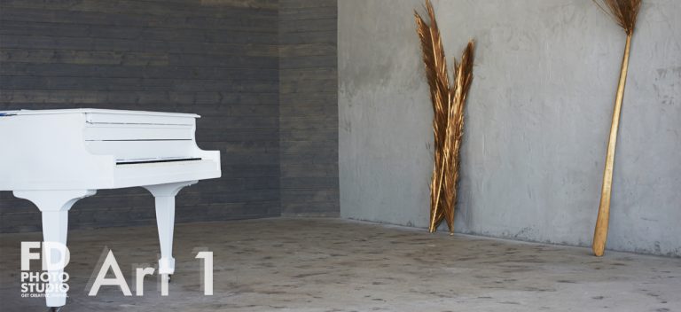 natural light photo studio with white staircase, white grand piano, concrete and wood walls and gold-sprayed branches natural light photo studio with white staircase, white grand piano, concrete and wood walls and gold-sprayed branches