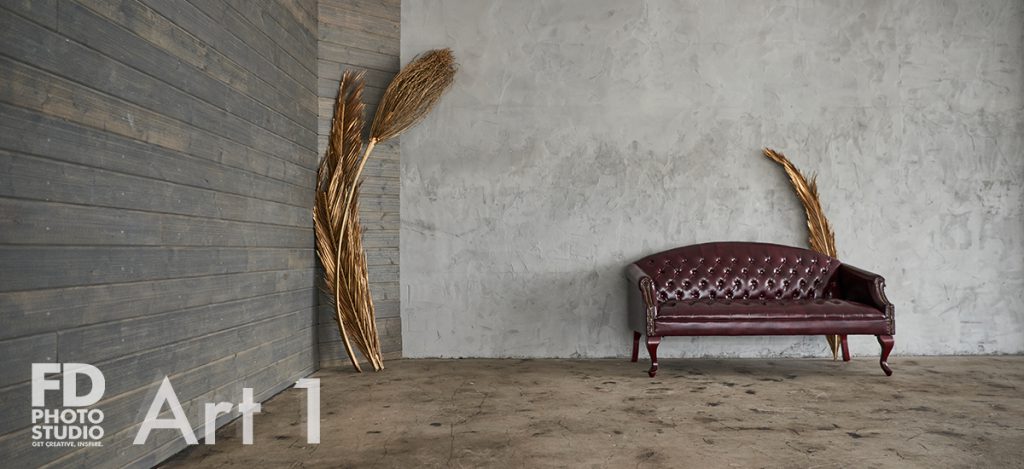 red sofa in a natural light studio