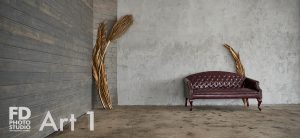 red sofa in a natural light studio
