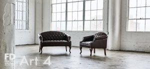 red furniture set in a natural light studio