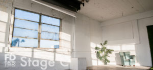 Rent Photo Studio with cyc wall, grass wall and white wood floor