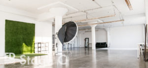 Rent Photo Studio with cyc wall, grass wall and white wood floor