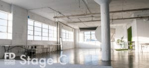 Rent Photo Studio with cyc wall, grass wall and white wood floor