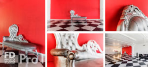Pro Stage I with North and West facing windows, Old Glory Red Wall and a Silver Fainting Couch