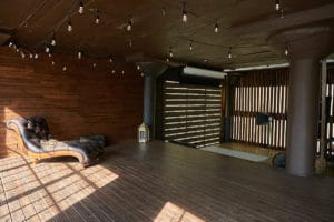 Wooden stage with LED lamps available for photo and video rental in Los Angeles