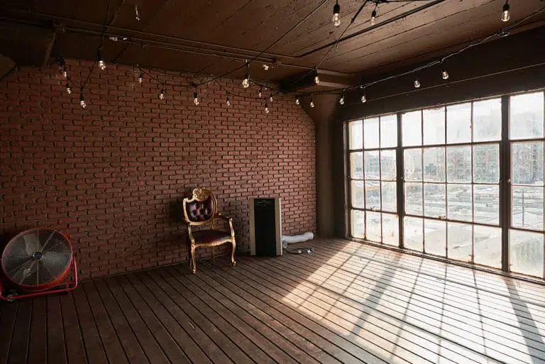 Wooden stage with LED lamps available for photo and video rental in Los Angeles
