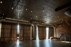 Wood stage with curtains available for photo and video rental in Los Angeles