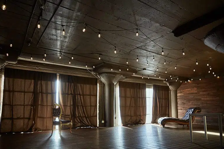 Wood stage with curtains available for photo and video rental in Los Angeles