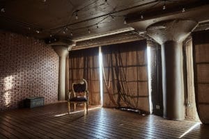 Wood stage with curtains available for photo and video rental in Los Angeles