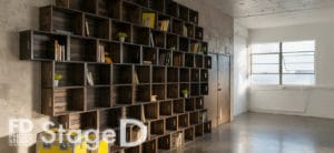Photo Studio with Wood book shelf and textured wall