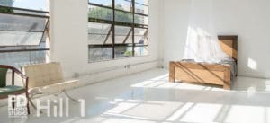 Natural light photo studio with high-gloss white floors available for rental in Los Angeles