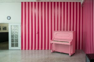Carnation and gloss dark pink stripped corner available for photo and video photo studio rental in Los Angeles