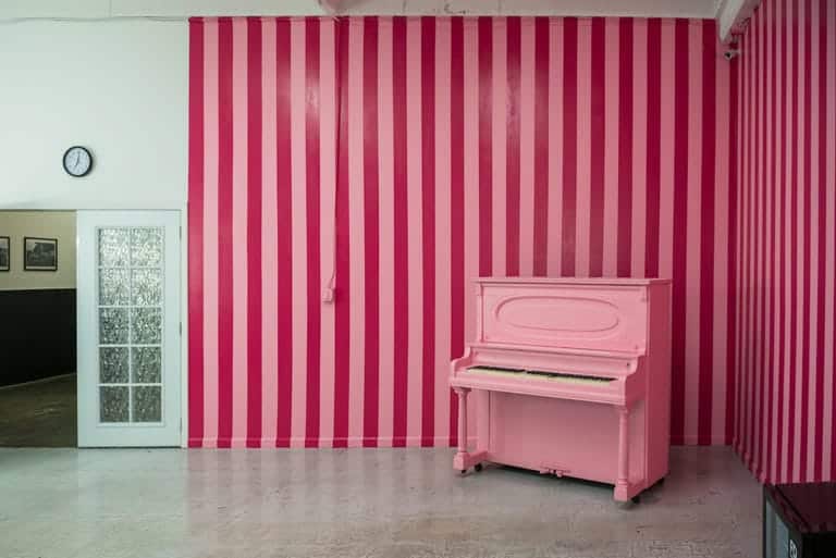 Carnation and gloss dark pink stripped corner available for photo and video photo studio rental in Los Angeles