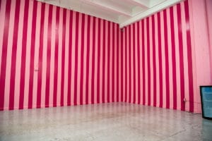 Carnation and gloss dark pink stripped corner available for photo and video photo studio rental in Los Angeles