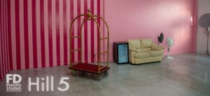 Carnation and gloss dark pink stripped corner available for photo and video photo studio rental in Los Angeles