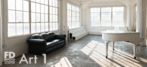 natural light photo studio with white staircase