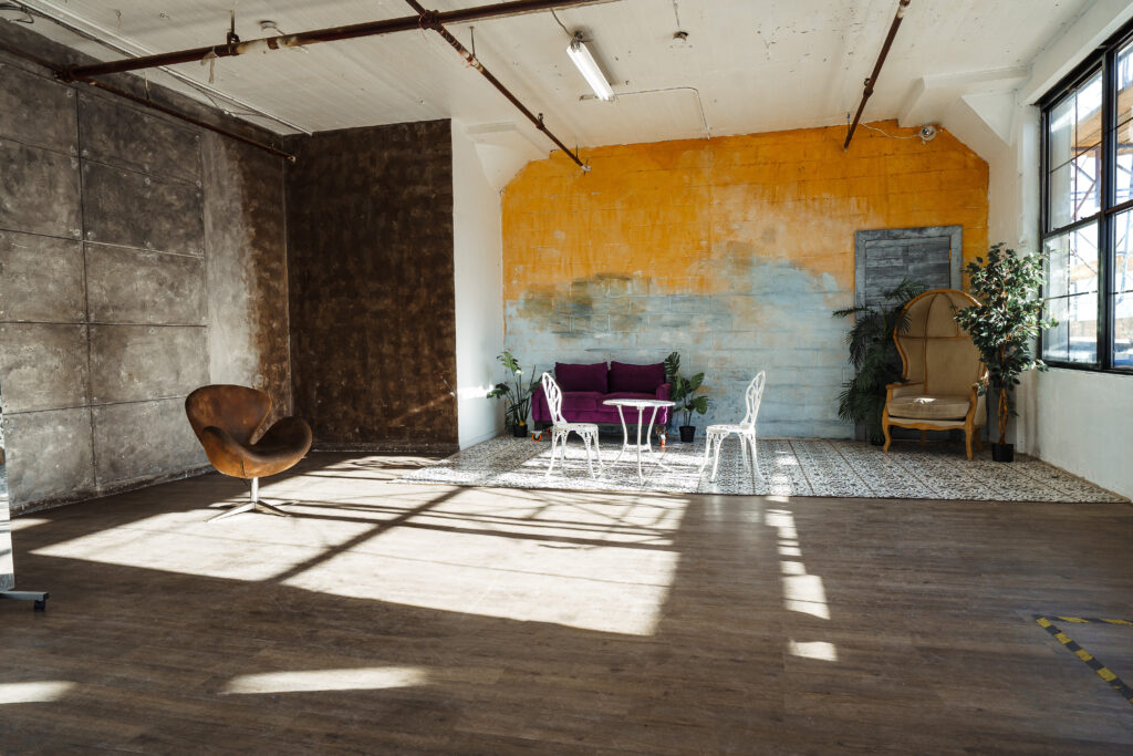 LIC 7 - Loft-like daylight photo studio for rent in near me in New York with Moroccan tile, textured yellow wall
