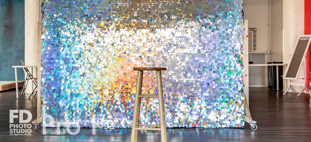 Hologram Sequin rolling 8'x8' backdrop available with photo and video studio rental in Los Angeles