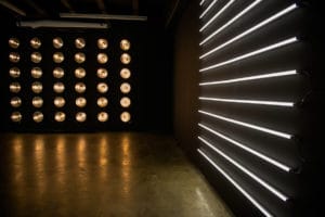 Black studio with LED dimmable lights available for photo and video rental in Los Angeles