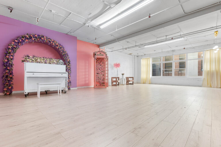Astoria 3 – Rental Photo Studio with Hardwood Floors, Big North-Facing Window, and a Pink Photo Booth - FD Photo Studio