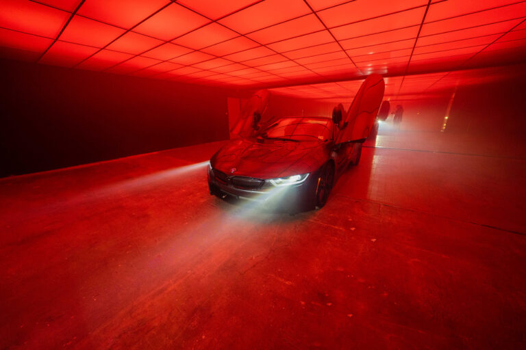 Photo & video studio for cars with drive-in access, Mirror walls on both sides, and fully controllable RGB Ceiling photo studio in New York