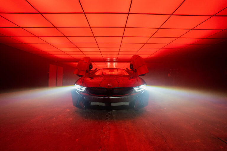 Photo & video studio for cars with drive-in access, Mirror walls on both sides, and fully controllable RGB Ceiling photo studio in New York