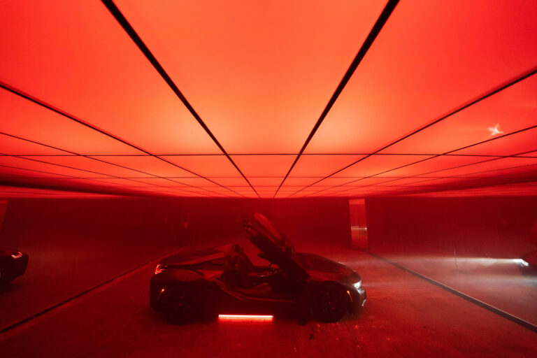 Photo & video studio for cars with drive-in access, Mirror walls on both sides, and fully controllable RGB Ceiling photo studio in New York