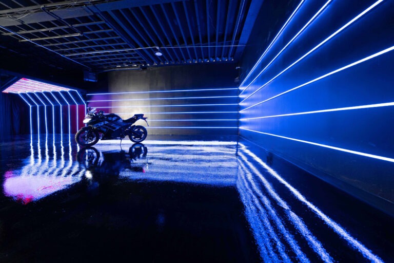 Metro 1 – Blackout Car Photo Studio for Rent in New York with RGB Tunnel, RGB Walls, and Sports Bike Setup - FD Photo Studio